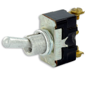 Toggle switch, single pole-double throw; ON-OFF-ON, 15A-125V AC, 10A-250V AC; with male round bushing 15/32-31/64 inch long thread.