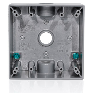 Two Gang Die-Cast Weatherproof Box with Three 1/2" Diameter Outlets, Includes Mounting Hardware and Inserts to Cover Unused Openings - GRAY
