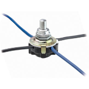 40W-125V AC circuit control, fluorescent starter push button switch, with-nickel push button knob, knurl nut and bushing; 3/8-27 BY 11/32 inch long round male bushing, hex nut. Cover stamped UL/CSA. Knurl nut assembled. Four 6 inch leads, 18awg AWM/TEW 10