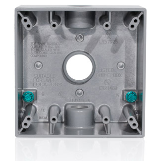 Two Gang Die-Cast Weatherproof Box with Three 3/4" Diameter Outlets, Includes Mounting Hardware and Inserts to Cover Unused Openings - GRAY