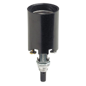 Incandescent lampholder, bottom turn knob switch, candle, medium base, 660W-250V; 2 leg steel bracket assembly pinned to socket, 2 43/64 inches overall height, 3/8-27 by 13/32 inch long round bushing.