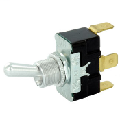 Toggle switch, single throw double throw; center OFF; 15A-125V AC, 10A-250V AC; 15/32 bushing and quick connect tabs.