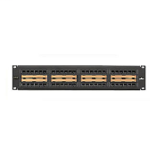 Cat 5e Universal Patch Panel, 48-port, 2RU. Cable Management bar included. Centralized labeling.
