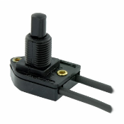 Push button switch, single pole, momentary, 3A-125V AC, 1.5A-277VAC; black button, black cover; With 6 inch leads 18AWG AWM TEW 105C 600V, free ends stripped 1/2 inch.
