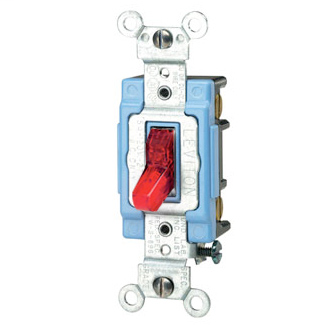 15 Amp, 120 Volt, Toggle Pilot Light - Illuminated ON - Req. Neutral 3-Way AC Quiet Switch, Extra Heavy Duty Spec Grade, Self Grounding, Back & Side Wired, - Red