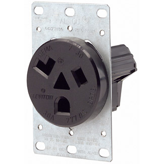 30 Amp, 277 Volt, NEMA 7-30R, 2P, 3W, Flush Mtg Receptacle, Straight Blade, Industrial Grade, Grounding, , Side Wired, Steel Strap - Black