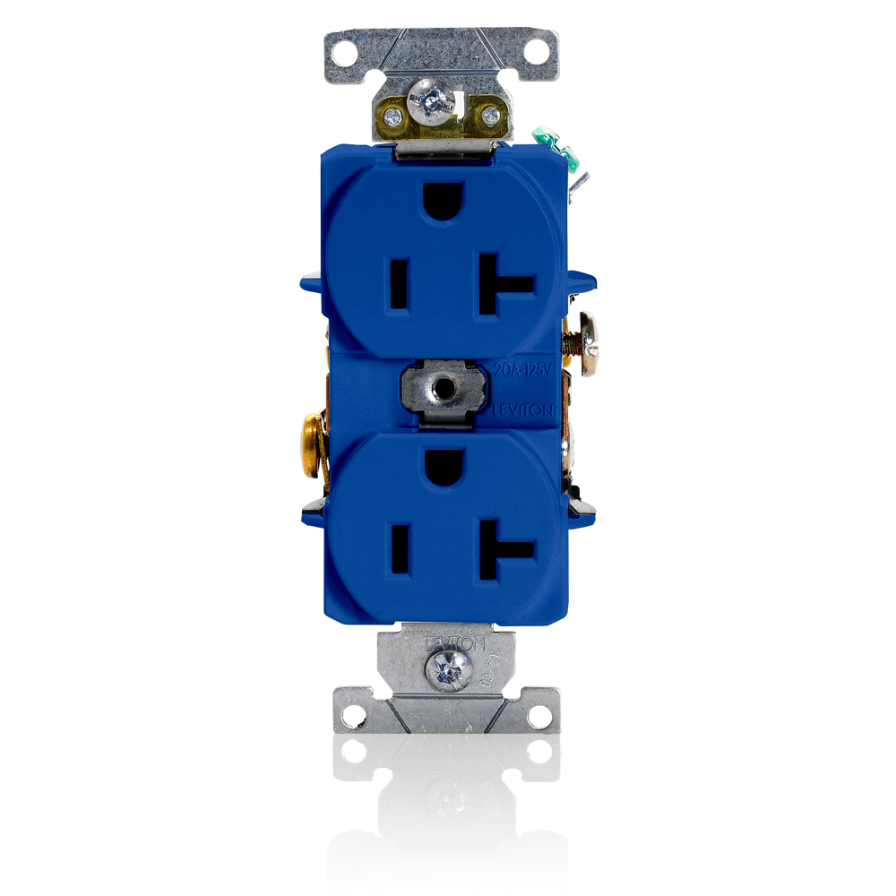 Duplex Receptacle Outlet, Heavy-Duty Industrial Specification Grade, Smooth Face, 20 Amp, 125 Volt, Back or Side Wire, NEMA 5-20R, 2-Pole, 3-Wire, Self-Grounding - Blue