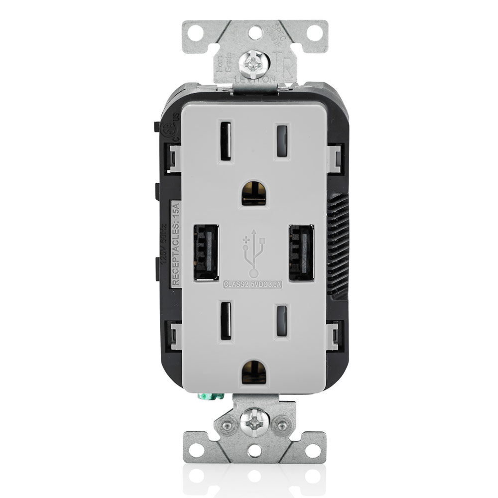 3.6A USB Type-A/Type-A Wall Outlet Charger with 15A Tamper-Resistant Receptacles, Gray