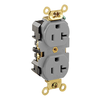 Duplex Receptacle Outlet, Extra Heavy-Duty Industrial Specification Grade, Smooth Face, 20 Amp, 125 Volt, Back or Side Wire, NEMA 5-20R, 2-Pole, 3-Wire, Self-Grounding - Gray