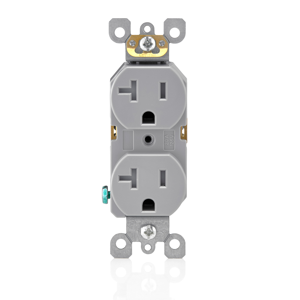 20A 125V, NEMA 5-20R, 2P, 3W, Tamper-Resistant, Duplex receptacle. Straight blade, Residential grade, Self grounding, Side wired only, Steel strap - GRAY