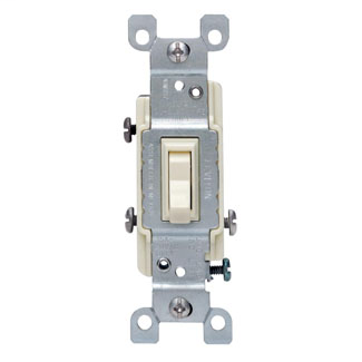 15 Amp, 120 Volt, Toggle Framed 3-Way AC Quiet Switch, Residential Grade, Non-Grounding, Quickwire Push-In & Side Wired, - Ivory