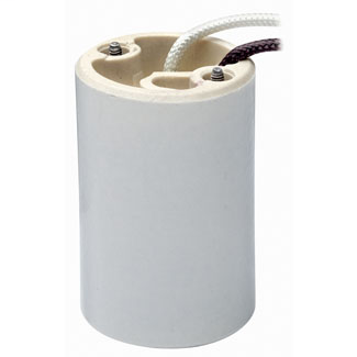 Mogul lampholder, porcelain, , 5KV pulse rated, single circuit, Gray; with two leads black and white,14AWG SEW-2 glass braid, 200C 600V, Stripped 1/2 inch. 1500W-600V.