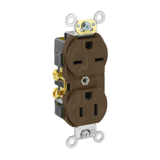 Duplex Receptacle Outlet, Commercial Specification Grade, Dual Voltage, Indented Face, 15 Amp, 125/250 Volt, Side Wire, NEMA 5-15R_6-15R, 2-Pole, 3-Wire, Self-Grounding - Brown