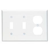 Wallplate; 3-Gang, Midway Size. Combination Device; 2 Toggle/1 Duplex outlet opening. High Impact thermoplastic. Device Mount. White.