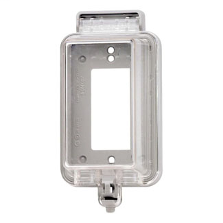 Product image for Leviton 5977-CL 3.3 x 2.88 x 6.59 Inch 1-Gang Clear Thermoplastic Raintight Vertical Weatherproof While In Use Device Cover