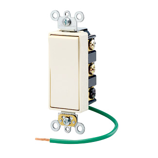 15 Amp, 120/277 Volt, Decora Plus Rocker Double-Throw Ctr-OFF Maintained Contact Double-Pole AC Quiet Switch, Commercial Spec Grade, Self Grounding, Back & Side Wired, - Light Almond