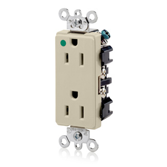 Decora Plus Duplex Receptacle Outlet, Extra Heavy-Duty Hospital Grade, Smooth Face, 15 Amp, 125 Volt, Back or Side Wire, NEMA 5-15R, 2-Pole, 3-Wire, Self-Grounding - Ivory