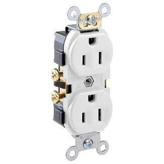 Duplex Receptacle Outlet, Commercial Specification Grade, Indented Face, 15 Amp, 125 Volt, Side Wire, NEMA 5-15R, 2-Pole, 3-Wire, Self-Grounding - White