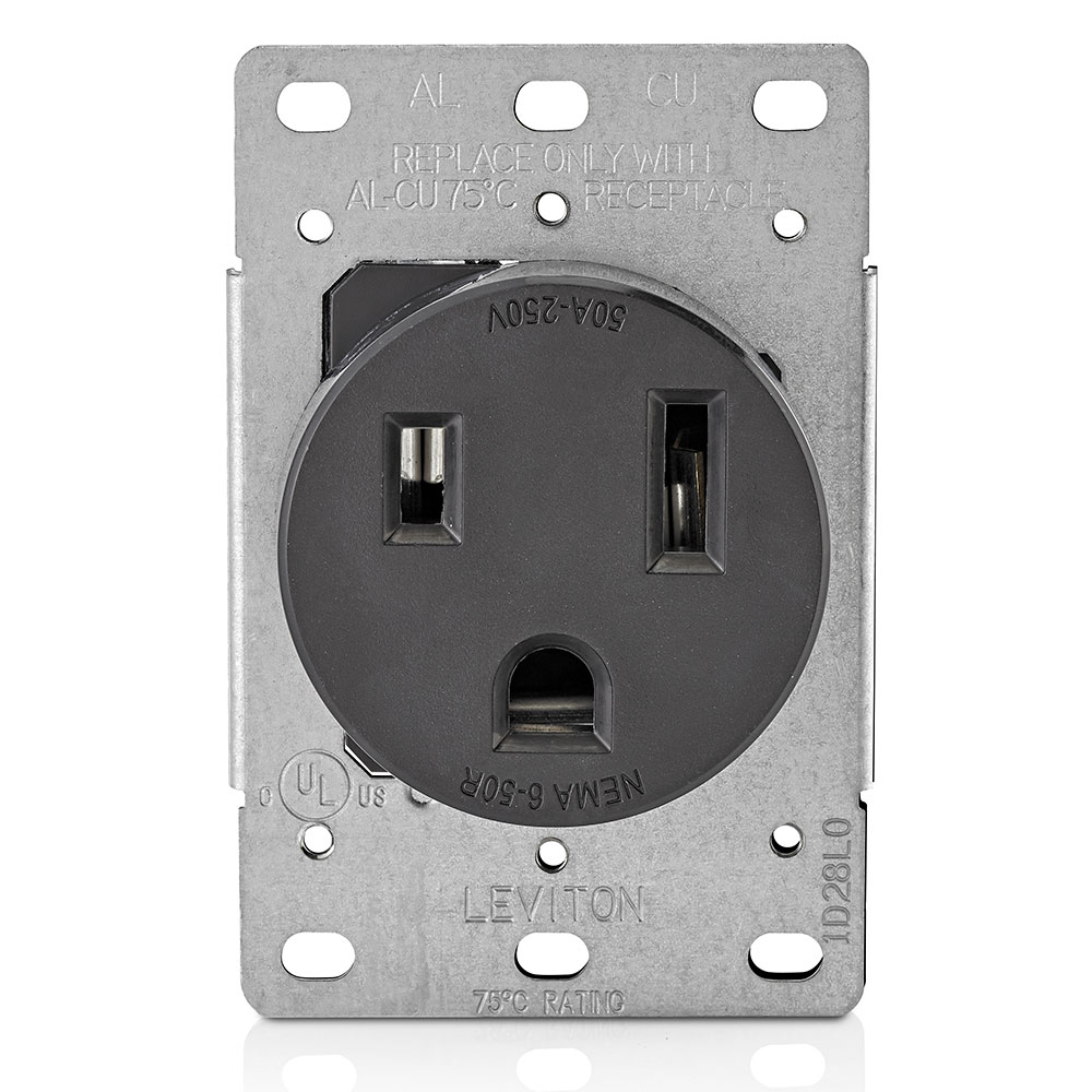 50 Amp, 250 Volt, NEMA 6-50R, 2P, 3W, Flush Mtg Receptacle, Straight Blade, Industrial Grade, Grounding, Side Wired, Steel Strap - Black