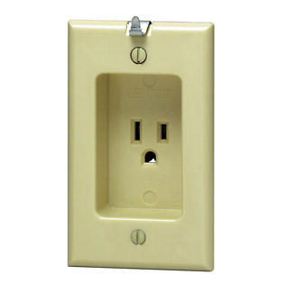 1-Gang Single Recessed Receptacle, 15 A, 125 Volt, 2-Pole, 3-Wire, NEMA 5-15R, Residential Grade with Clock Hanger Hook - Ivory