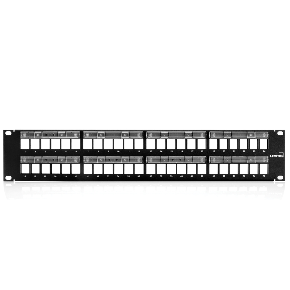QuickPort Patch Panel with Magnifying Lens Label Holder, 48-Port, 2RU. Cable Management bar included.