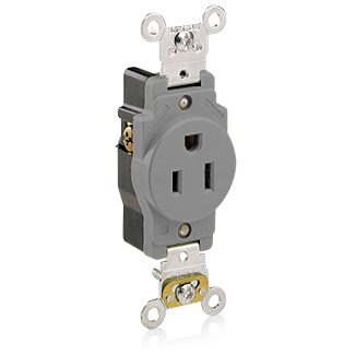 Single Receptacle Outlet, Heavy-Duty Industrial Specification Grade, Smooth Face, 15 Amp, 125 Volt, Back or Side Wire, NEMA 5-15R, 2-Pole, 3-Wire, Self-Grounding - Gray
