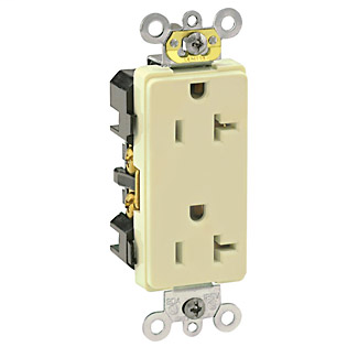 Decora Plus Duplex Receptacle Outlet, Heavy-Duty Industrial Specification Grade, Smooth Face, 20 Amp, 125 Volt, Back or Side Wire, NEMA 5-20R, 2-Pole, 3-Wire, Self-Grounding - Ivory