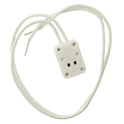 Miniature bi-pin quartz lampholder, with-two white leads, 12 inches long, stripped free end 1/2 inch, PK-93039-10-00-2B Disclaimer sheet pkd in carton. 18awg sew-1 200c 300v glass braided TC, COF: unglazed. Packaged 1/polybag, 25/master carton polybagged