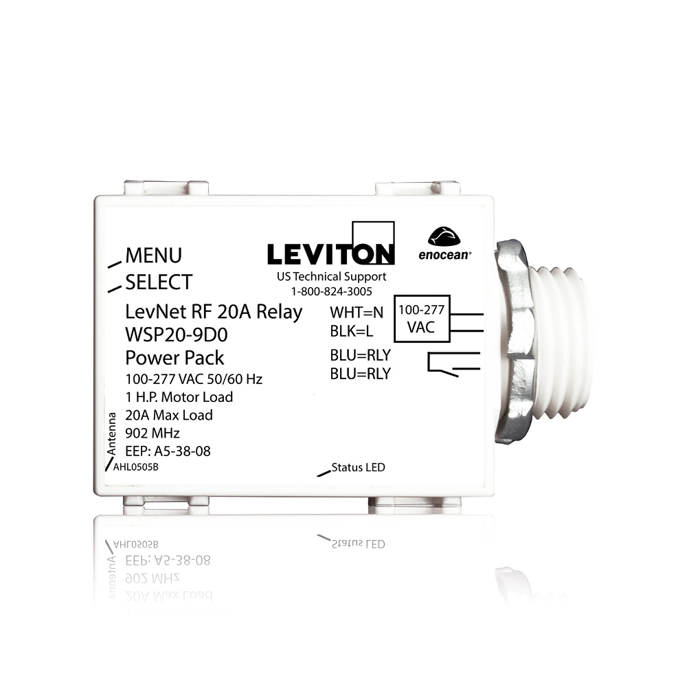 Levnet RF Wireless 20A Relay Power Pack, Switching, 1/2" Threaded Nipple, 100-277V, 50/60Hz, 902MHz, EnOcean, Title 24 compliant, ASHRAE 90.1 compliant