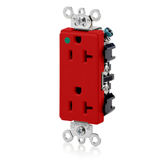 Decora Plus Duplex Receptacle Outlet, Extra Heavy-Duty Hospital Grade, Smooth Face, 20 Amp, 125 Volt, Back or Side Wire, NEMA 5-20R, 2-Pole, 3-Wire, Self-Grounding - Red