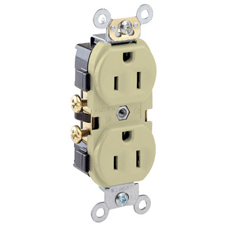Duplex Receptacle Outlet, Commercial Specification Grade, Indented Face, 15 Amp, 125 Volt, Side Wire, NEMA 5-15R, 2-Pole, 3-Wire, Self-Grounding - Ivory