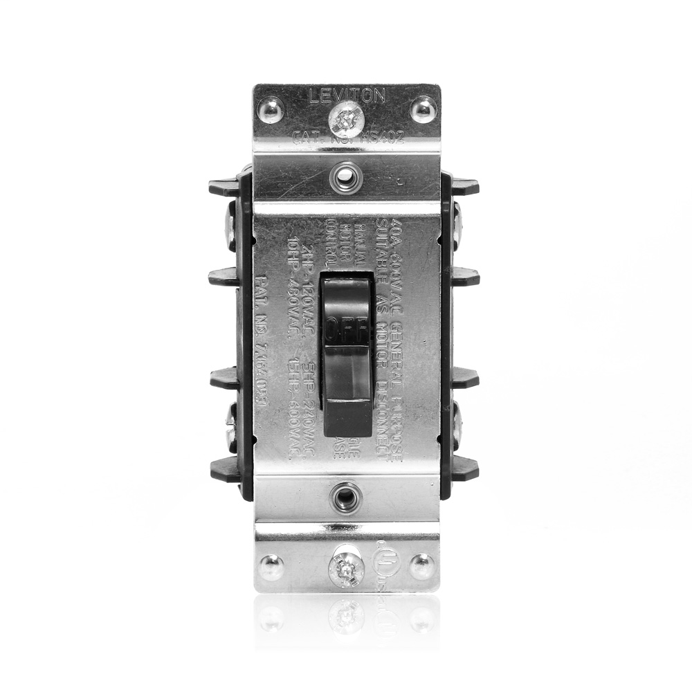 40 Amp, 600 Volt, Double-Pole, Single Phase AC Manual Motor Controller, Suitable as Motor Disconnect, Toggle, Industrial Grade, Non-Grounding, Back & Side Wiring, - Black