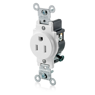 Single Receptacle Outlet, Commercial Specification Grade, Smooth Face, 15 Amp, 125 Volt, Side Wire, NEMA 5-15R, 2-Pole, 3-Wire, Grounding - White