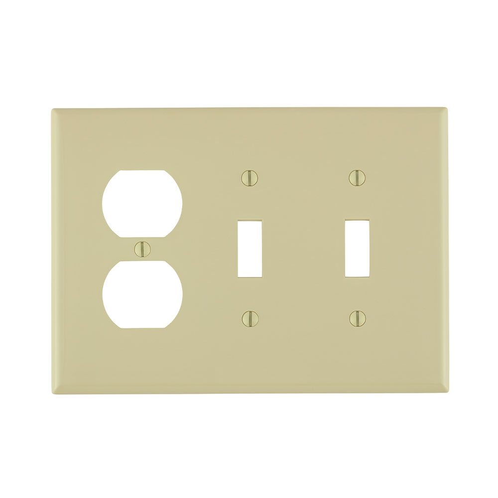 Wallplate; 3-Gang, Midway Size. Combination Device; 2 Toggle/1 Duplex outlet opening. High Impact thermoplastic. Device Mount. Ivory.