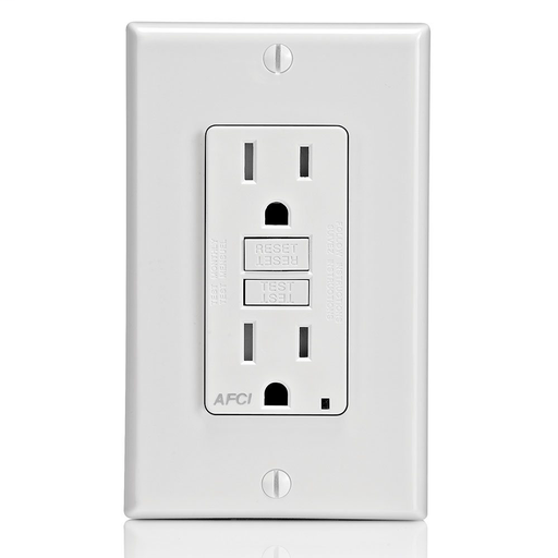 15 Amp, 125 Volt Receptacle/Outlet, 20 Amp Feed-Through, Tamper-Resistant, AFCI Receptacle/Outlet, Monochromatic, back and side wired, nylon wallplate/faceplate, screws and self grounding clip included – White
