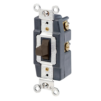 30 Amp, 120/277 Volt, Toggle Double-Throw Ctr-OFF Maintained Contact Single-Pole AC Quiet Switch, Extra Heavy Duty Spec Grade, Grounding, Back & Side Wired, - Brown