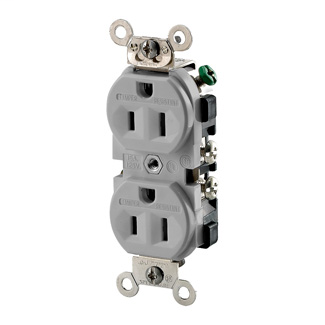 Duplex Receptacle Outlet, Heavy-Duty Industrial Specification Grade, Weather and Tamper-Resistant,Smooth Face, 15 Amp, 125 Volt, Back or Side Wire, NEMA 5-15R, 2-Pole, 3-Wire, Self-Grounding - Gray