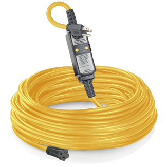 15 Amp, 120 Volt, 100 ft. Cord Set, Molded-On NEMA Plug (5-15P) and Connector (5-15R), Straight Blade, Automatic Reset GFCI Device, 14-3 SJTW Cord, UL/CSA Listed