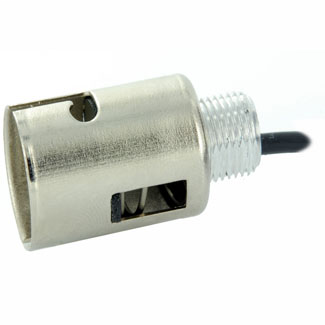 Incandescent lampholder, bayonet candelabra base, single contact; with one 18 inch black lead 20 AWG AWM TEW 105C 600V, free end stripped 3/4 inch. Male bushing 1/8-27 thread by 21/64 inch long.