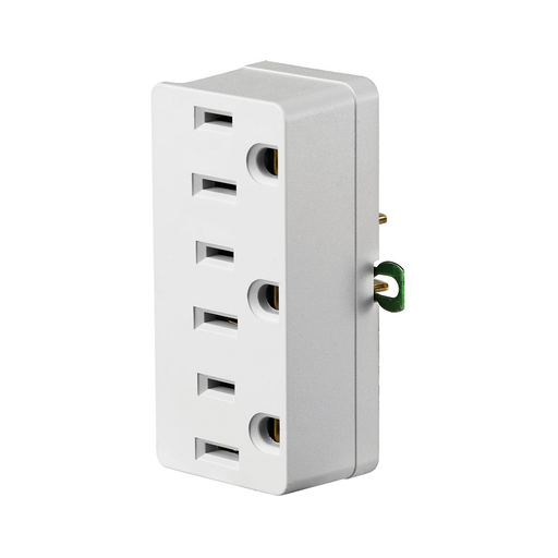 15 Amp, 125 Volt, 2-Pole/2-Wire to 2-Pole/3-Wire Grounding Adapter with Grounding Clip, 3 Straight Plugs Accepted - White