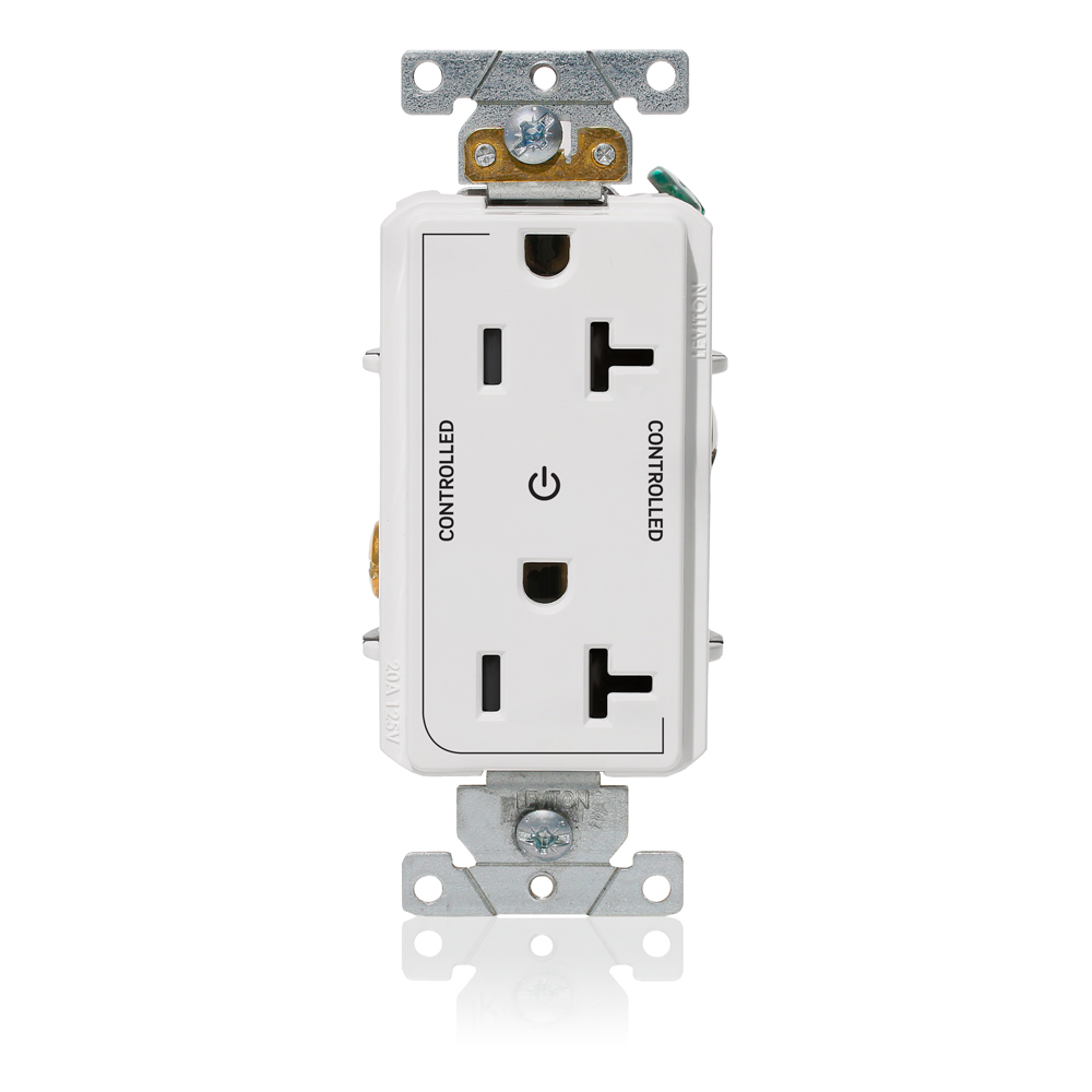 Decora Plus Duplex Receptacle Outlet, Heavy-Duty Industrial Specification Grade, Two Outlets Marked "Controlled", Smooth Face, 20 Amp, 125 Volt, Back or Side Wire, NEMA 5-20R, 2-Pole, 3-Wire, Self-Grounding - White