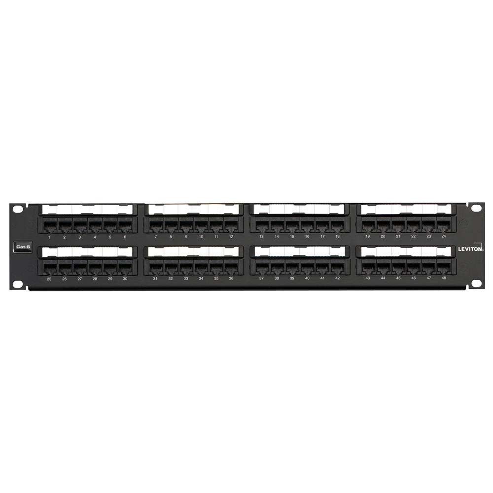 Cat 6 Universal Patch Panel, 48-Port, 2RU. Cable management bar included.