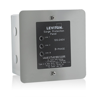 Product image for Leviton 51120-3 120/208 VAC Wye 3-Phase 50 kA 4-Wire and Ground Powder Coated Steel 4-Mode Surge Protective Panel