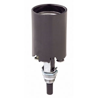 Incandescent lampholder, bottom turn knob switch, candle, medium base, 660W-250V; double leg bracket assembly pinned to socket, 1 1/16 inches overall height, 3/8-27 by 13/32 inch long thread.
