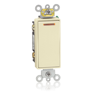 20 Amp, 120 Volt, Decora Plus Rocker Lighted Handle - Illuminated OFF 3-Way AC Quiet Switch, Commercial Spec Grade, Self Grounding, Back & Side Wired - IVORY