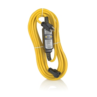15 Amp, 120 Volt, 25 ft. Cord Set, Molded-On NEMA Plug (5-15P) and Connector (5-15R), Straight Blade, Automatic Reset GFCI Device, 14-3 SJTW Cord