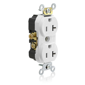 Duplex Receptacle Outlet, Commercial Specification Grade, Tamper-Resistant, Smooth Face, 20 Amp, 125 Volt, Side Wire, NEMA 5-20R, 2-Pole, 3-Wire, Self-Grounding - White