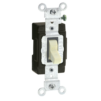 15 Amp, 120 Volt, Toggle Lighted Handle - Illuminated OFF Single-Pole AC Quiet Switch, Commercial Grade, Grounding, Side Wired, - Ivory