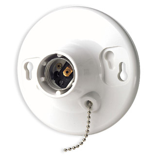600W/250V Medium Base One-Piece White Urea Outlet Box Mount Incandescent Lampholder, Pull Chain, Single Circuit, 2 Screws Top Wired - White