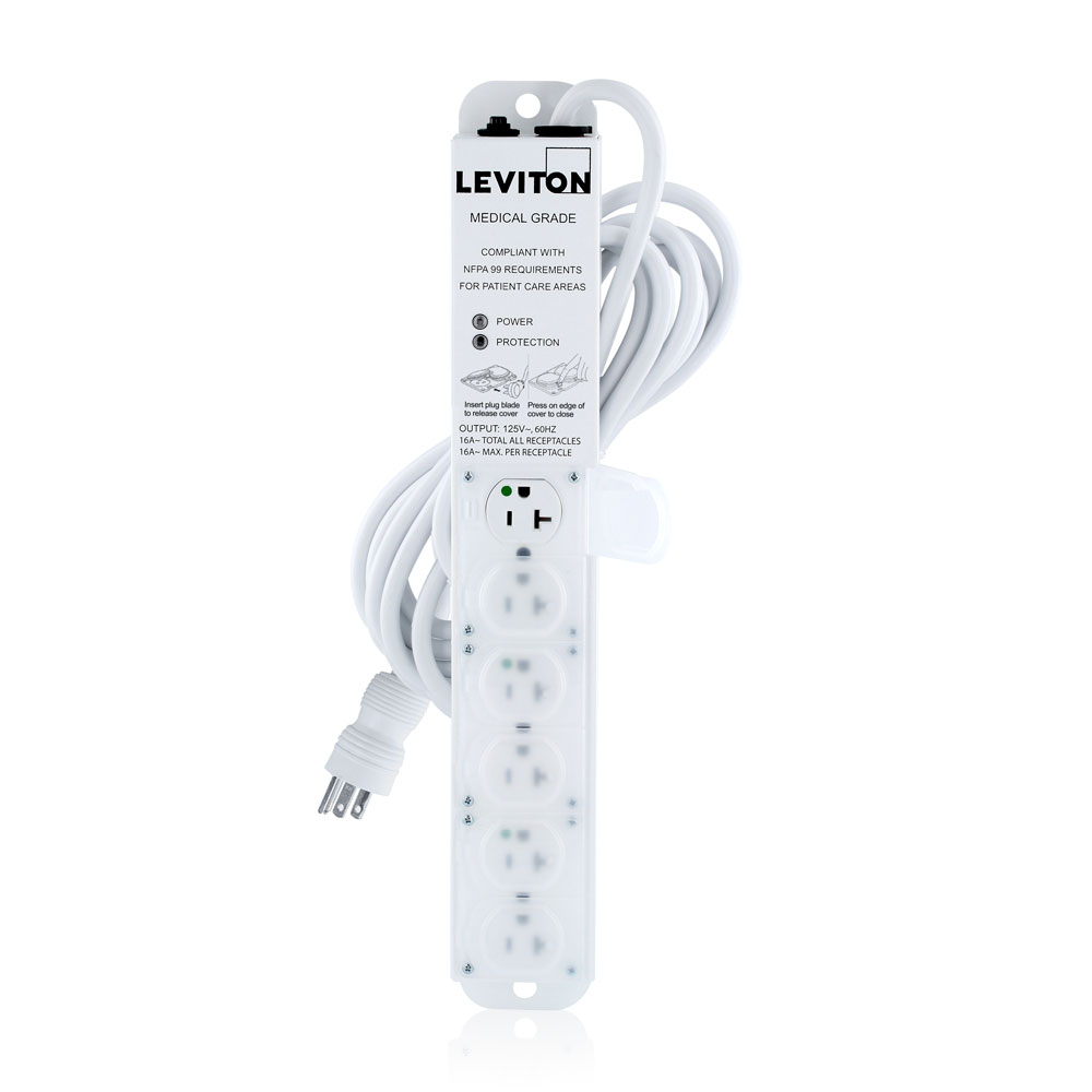 20 Amp (16 Amp Max Continuous Load) 125VAC, Medical Grade Surge Protective Power Strip With 6 NEMA 5-20R Outlets With Locking Covers, 15-FT Power Cord